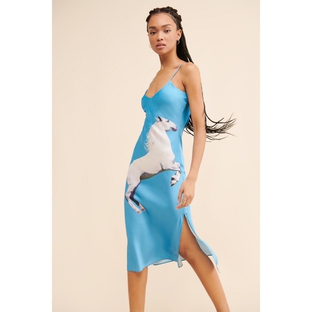 Tyler McGillivary Blue Satin Horse Graphic Equestrian Midi Slip Dress Whimsical